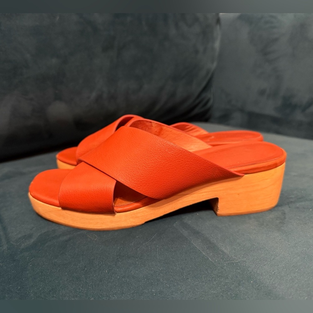 Charlotte Stone Amos Brown Orange Leather Low Heel Mules Clog Sandals size 9